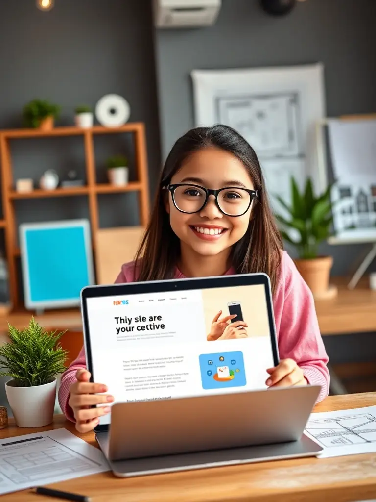 An advanced student proudly displaying their personal website project on a laptop screen, showcasing their web development skills. The setting is a modern and creative workspace, emphasizing the advanced nature of the course.