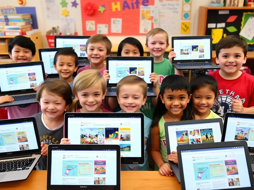 A visually appealing image of kids proudly presenting their personalized webpages on laptops, showcasing various design elements and interactive features they've implemented during the Soft Tech Junior summer camp.