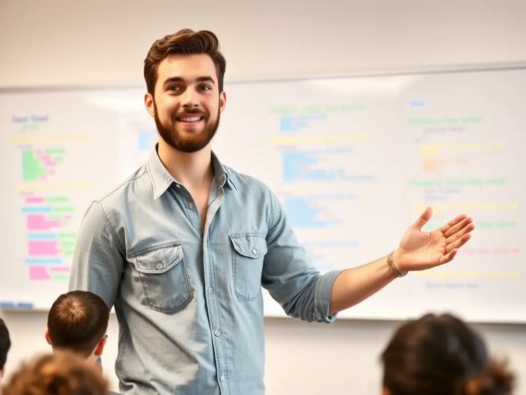 A photo of a young man with a beard, wearing a casual shirt, standing in front of a whiteboard filled with code snippets and diagrams. He is a coding instructor at Soft Tech Junior, and the image showcases his technical skills and passion for teaching.