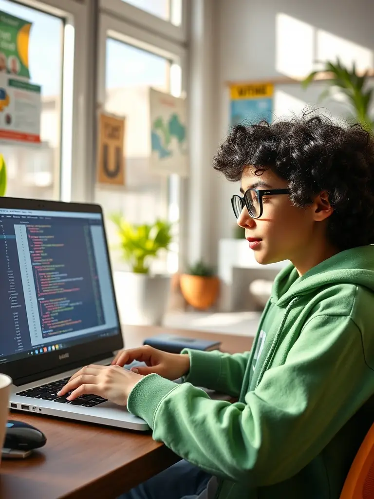An image of a child confidently coding on a computer, with data visualizations and Python code snippets visible on the screen.