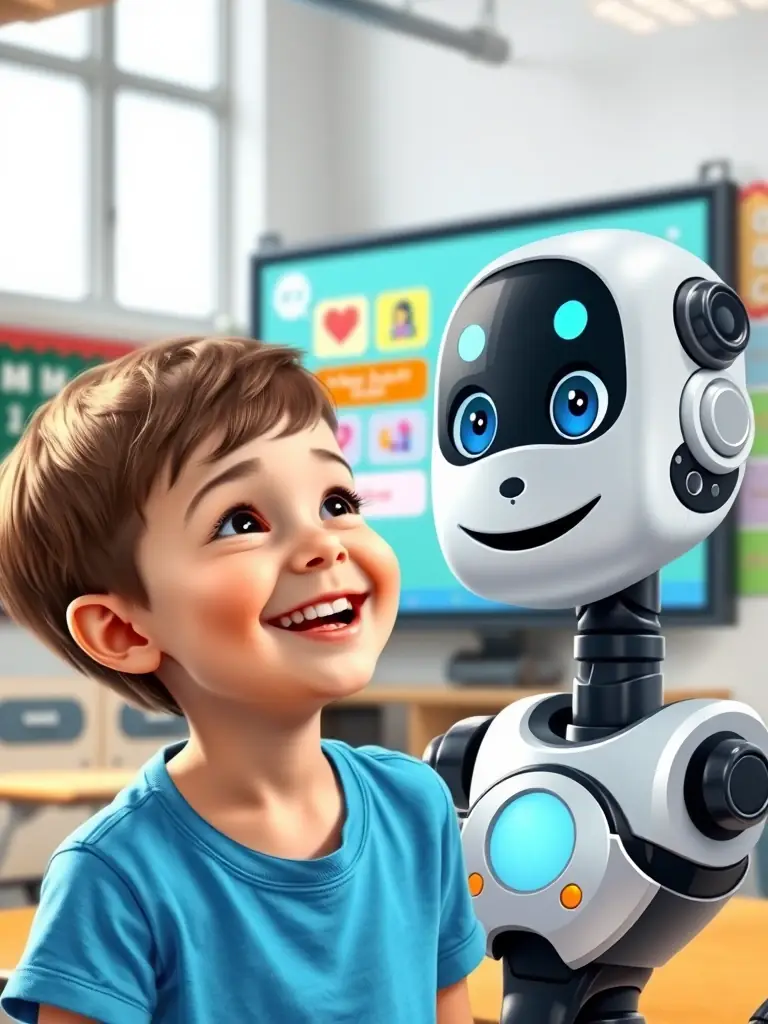 An image of a child interacting with a friendly-looking robot, with a chatbot interface displayed on a nearby screen.