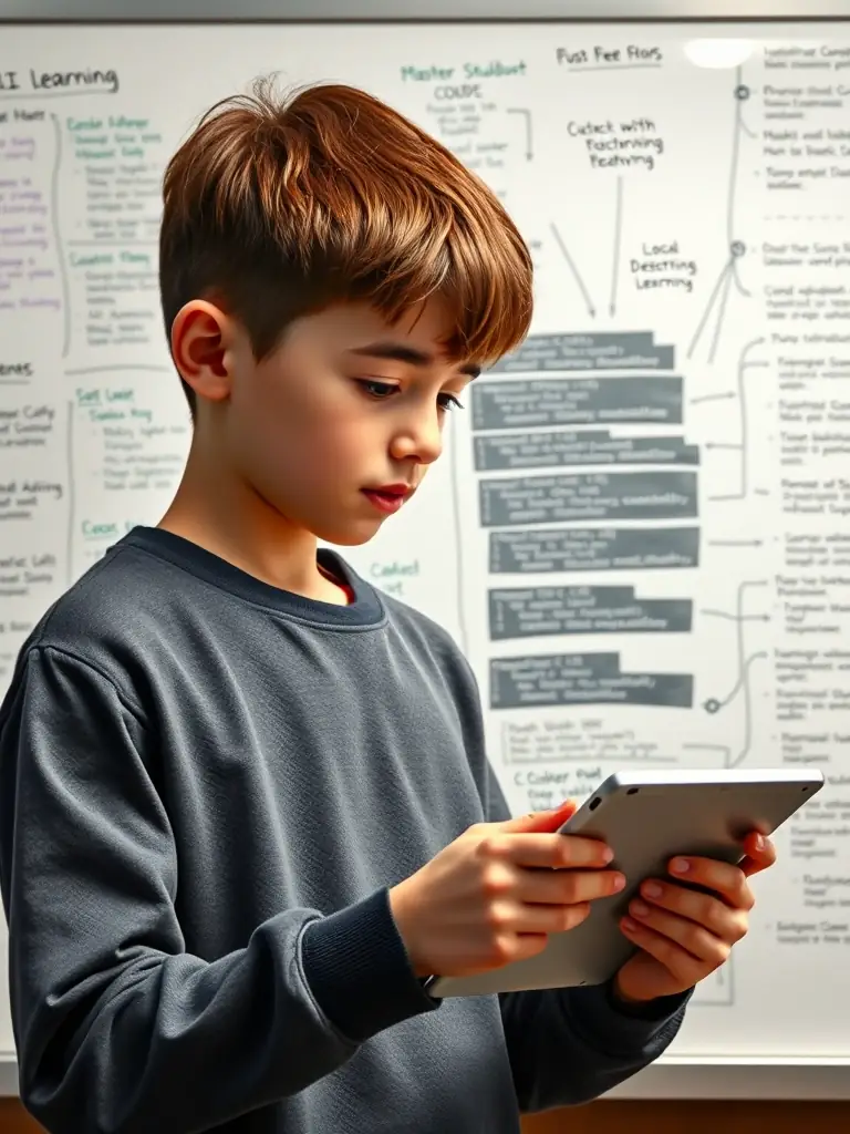 A master-level student demonstrating their AI Chatbot project on a tablet, highlighting the advanced AI concepts they have learned. The background includes diagrams and code snippets related to AI and machine learning.