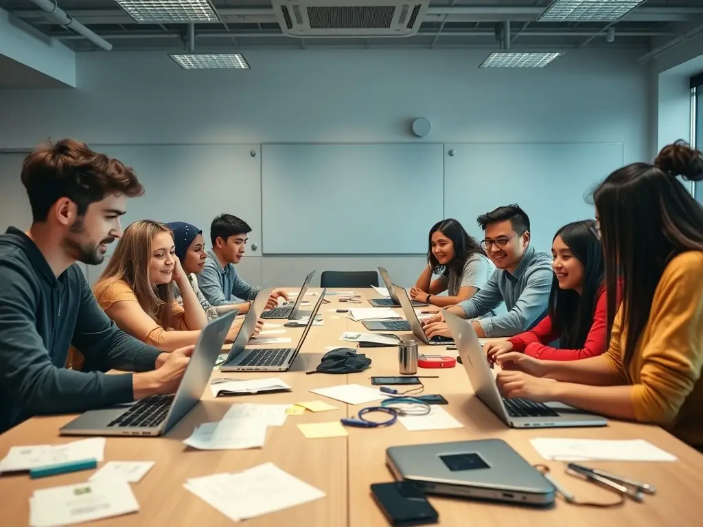 A diverse group of students collaborating on a coding project, using laptops and sharing ideas. The scene is set in a bright and modern classroom, with colorful decorations and motivational posters.