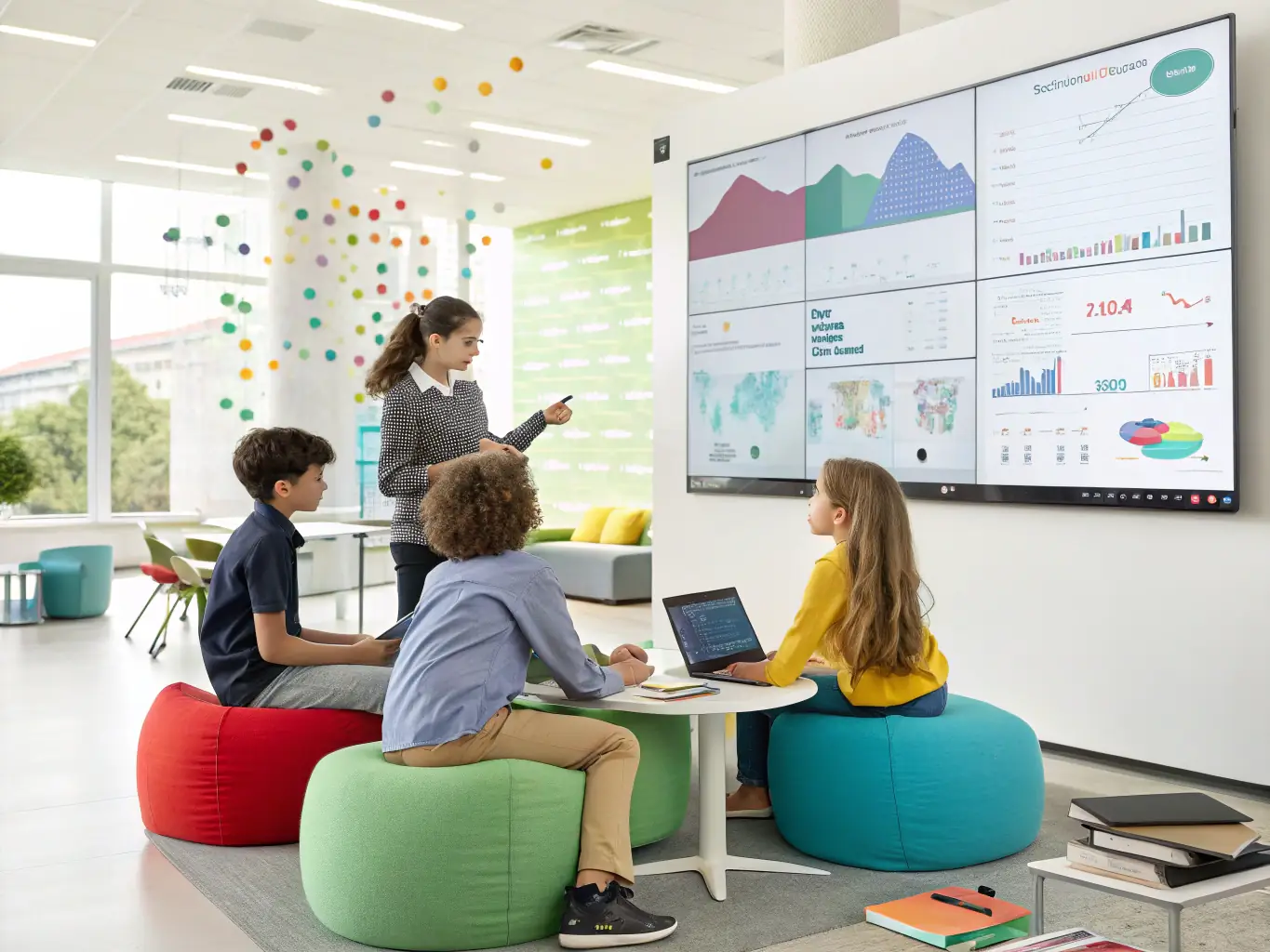 A group of college-aged students collaborating on a data science project, analyzing data sets and creating visualizations to identify trends and patterns.