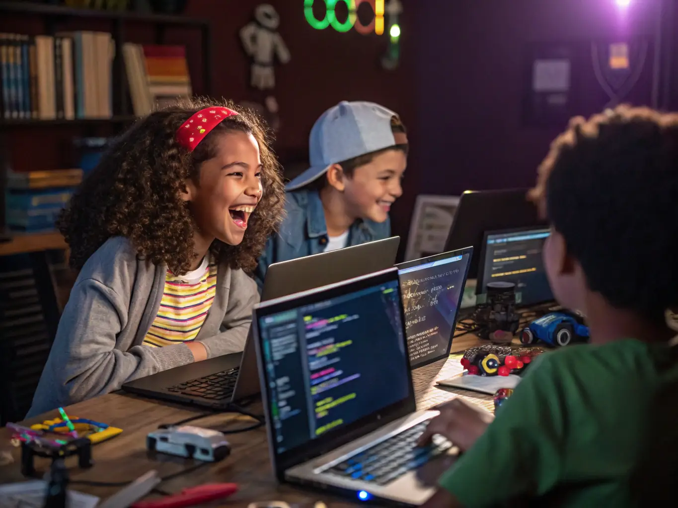 A group of young students enthusiastically working on their coding projects in a modern classroom setting, surrounded by computers and interactive displays. The atmosphere is collaborative and engaging, with students helping each other and celebrating their achievements.