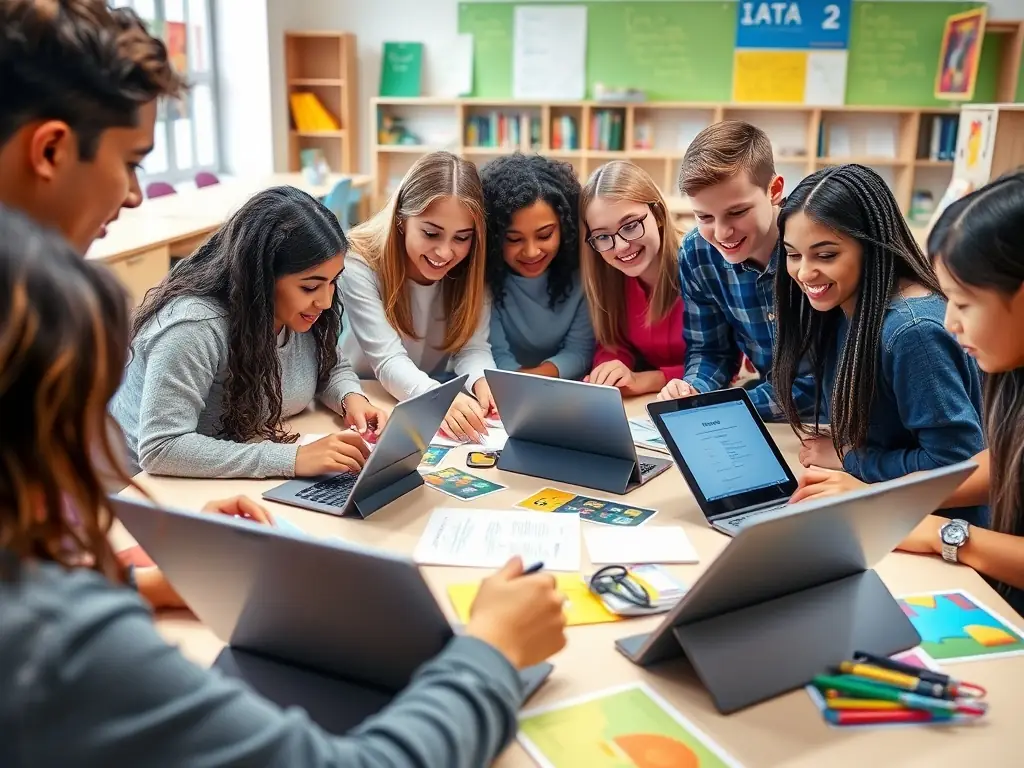 A photo of a diverse group of children sitting around a table, working on laptops and tablets, with an instructor guiding them. The image captures the collaborative and supportive learning environment at Soft Tech Junior.