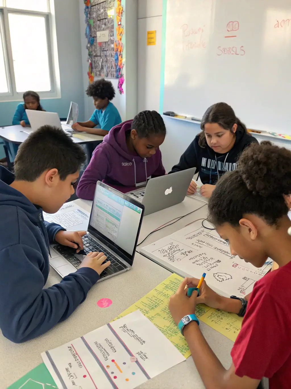A group of intermediate-level students collaborating on a Flappy Bird game project, using laptops and discussing code. The atmosphere is collaborative and focused, highlighting the teamwork and problem-solving aspects of the course.