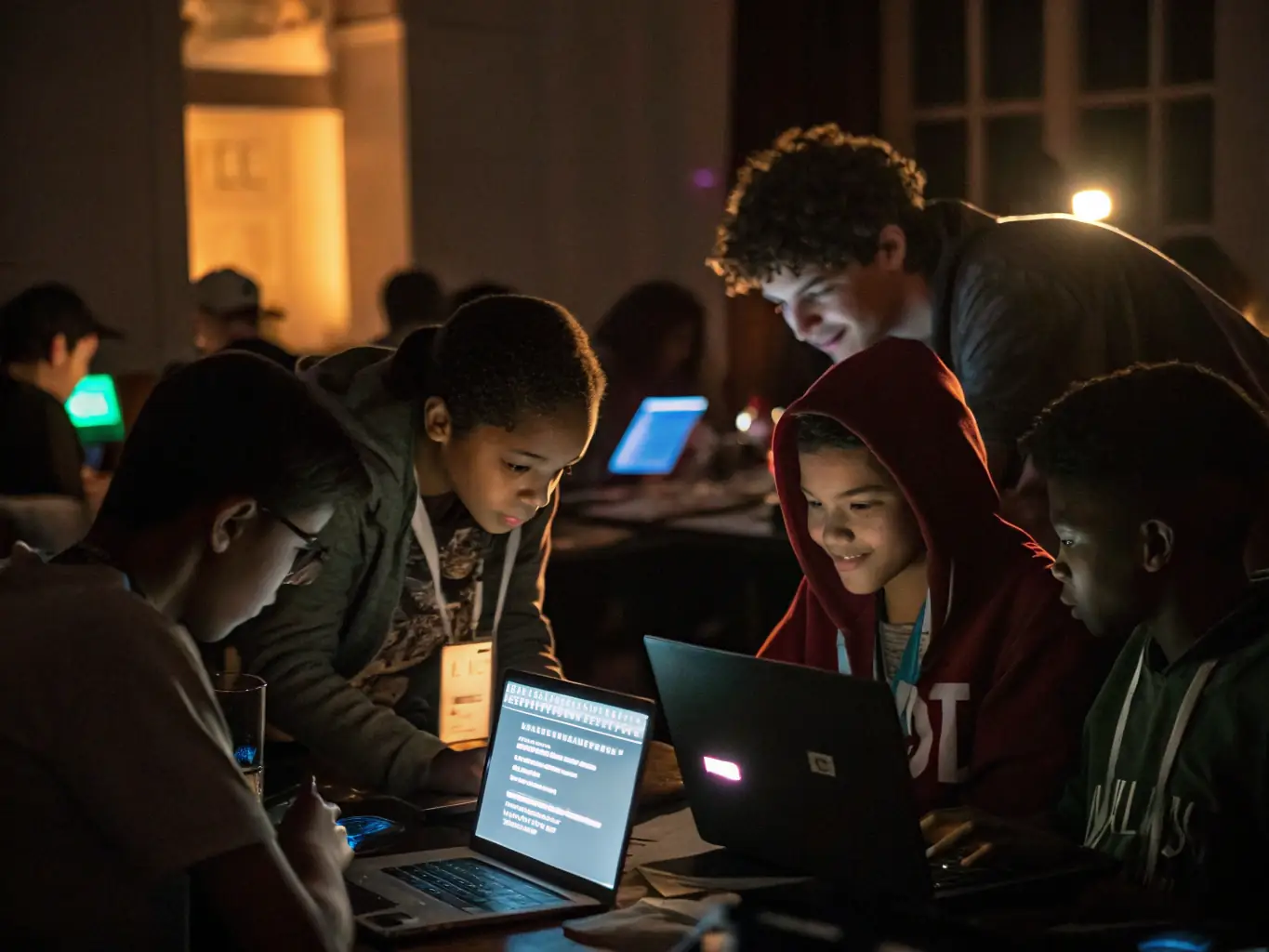 A vibrant and dynamic image showcasing kids engaged in creating sprite animations on laptops during a Soft Tech Junior summer camp session, with colorful characters and coding interfaces visible on the screens.