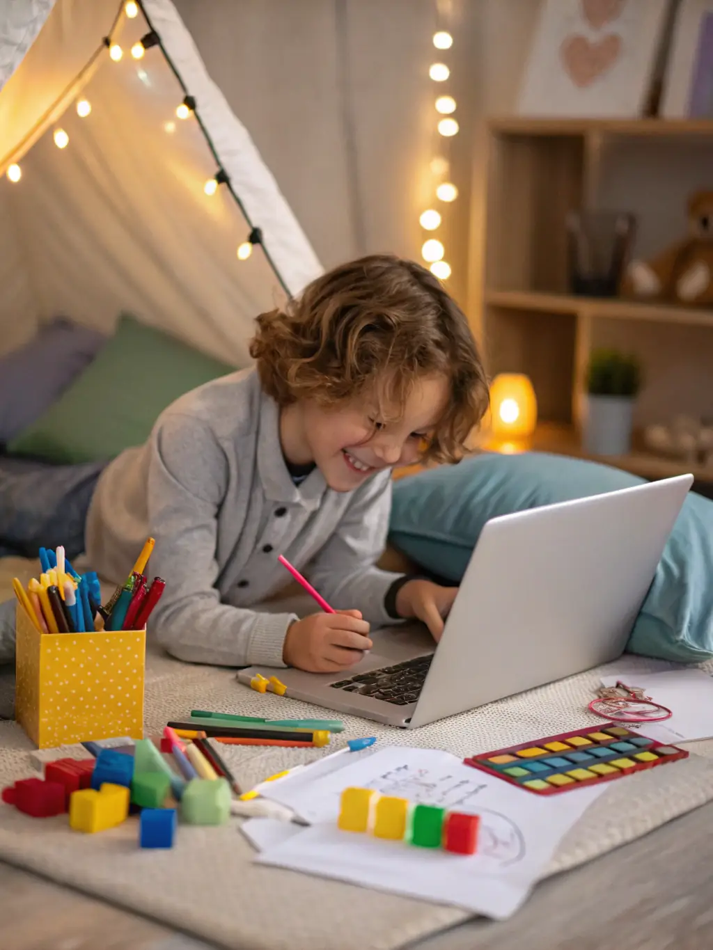A young child enthusiastically working on a Scratch project on a laptop, surrounded by colorful drawings and coding books. The scene is bright and cheerful, emphasizing the fun and engaging nature of the beginner coding course.