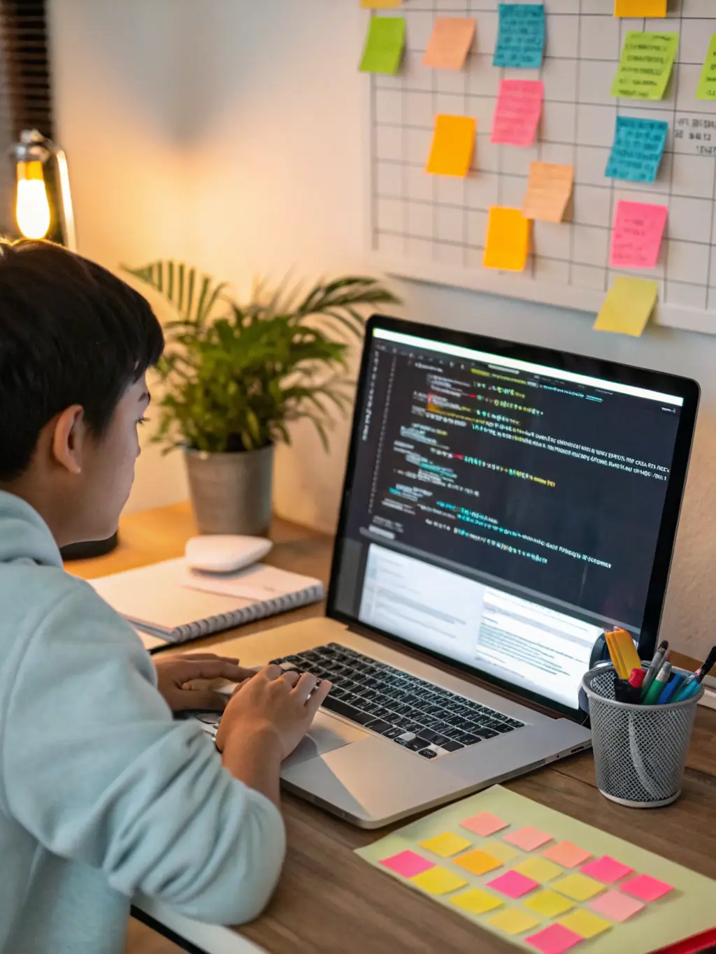 A clean and modern image of a child designing a personal website on a laptop, with various design elements and code snippets visible.