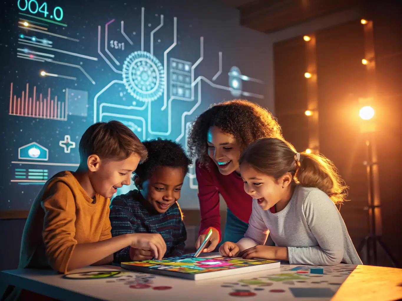 An image depicting children collaboratively designing a mobile app interface on tablets, surrounded by design sketches and brainstorming notes, reflecting the hands-on approach of Soft Tech Junior's mobile app development module.