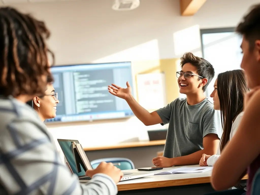 A young student proudly presenting their completed coding project, a simple game, to their instructor. The instructor is smiling and giving positive feedback, highlighting the student's accomplishments.