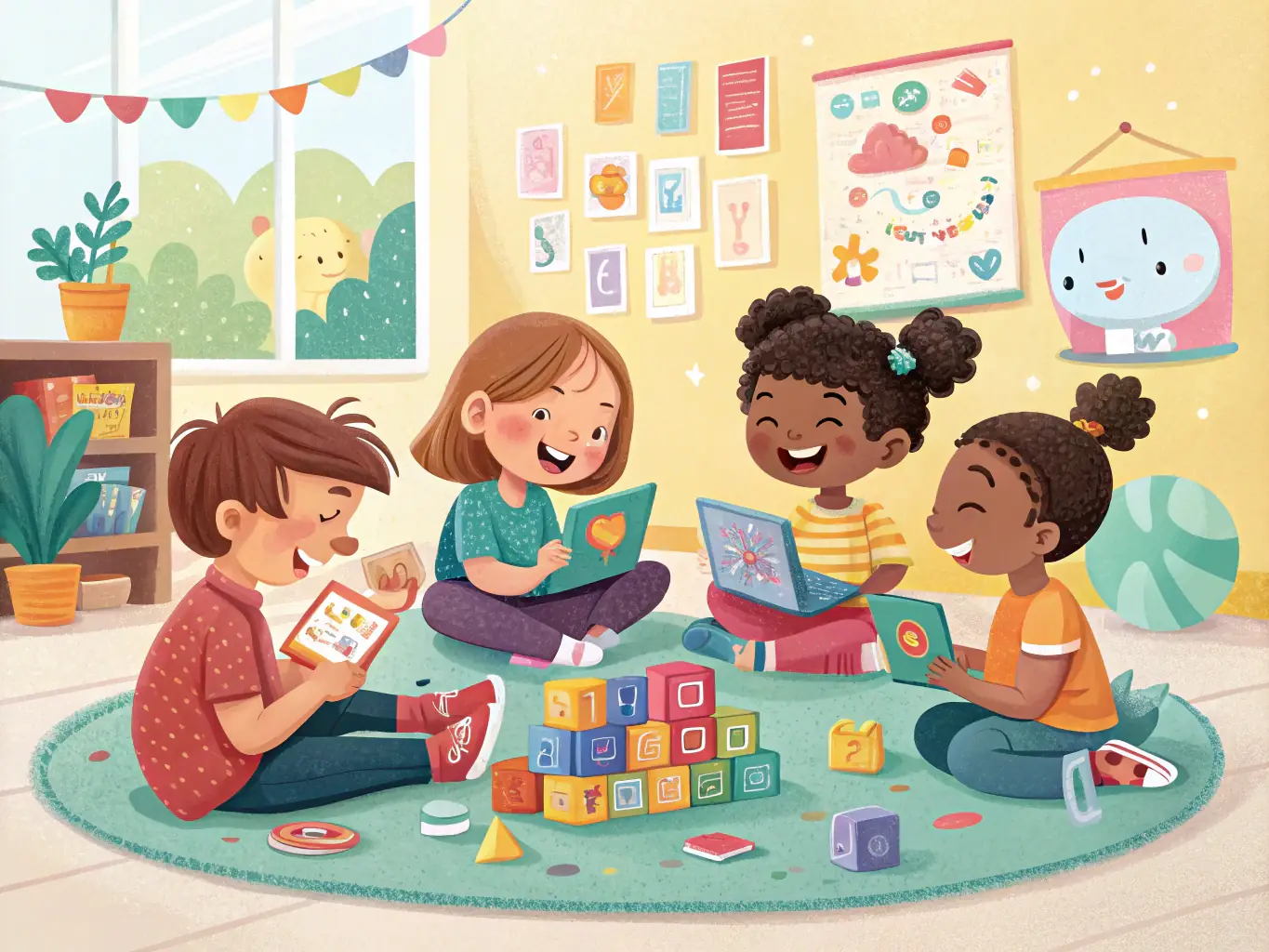 A group of young children, aged 8-10, enthusiastically participating in a coding class, using colorful blocks and tablets to learn basic programming concepts.